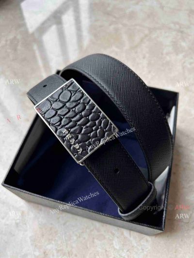 Fashion Prada 35mm Saffiano Leather Strap Crocodile motif Buckle